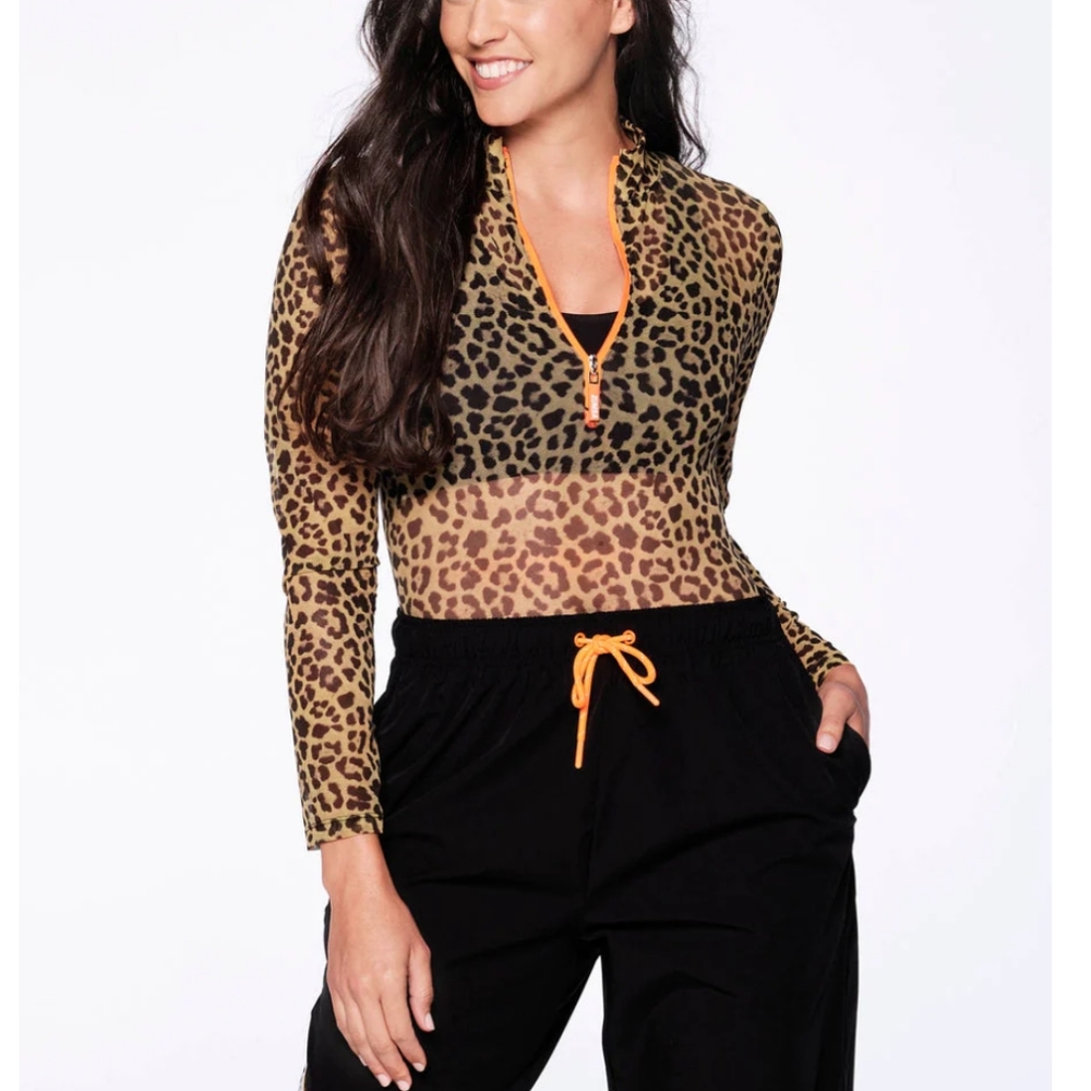 United By Zumba Long Sleeve Leopard Mesh Bodysuit size XXL, Large, or Small NWOT